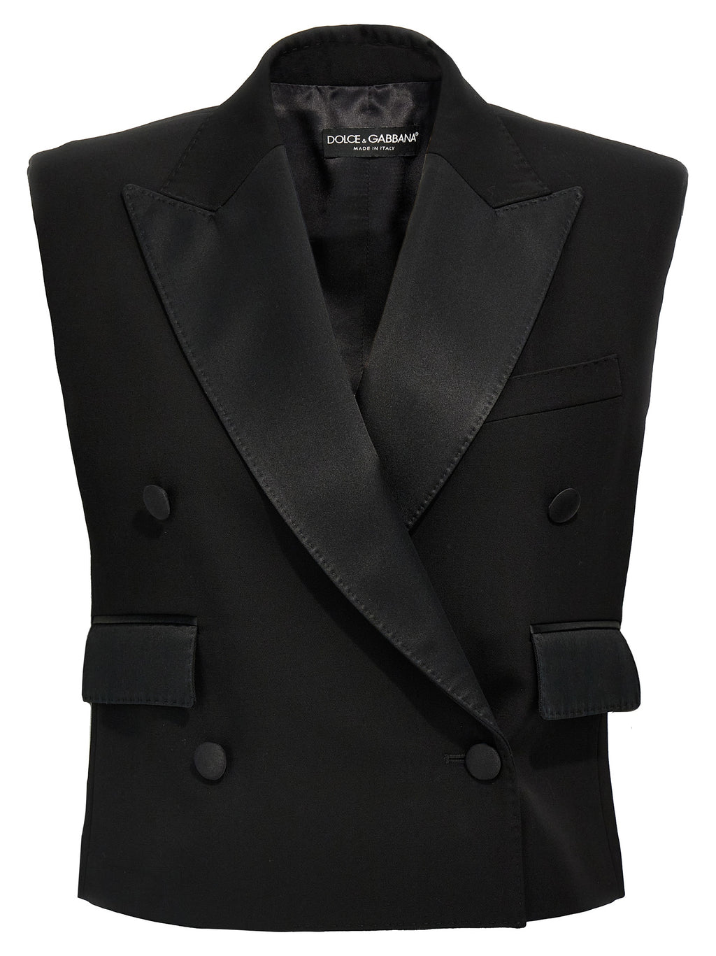 Veste sans manches en soie noire de Dolce & Gabbana, élégante et raffinée, portée sur un mannequin.