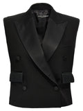 Veste sans manches en soie noire de Dolce & Gabbana, élégante et raffinée, portée sur un mannequin.