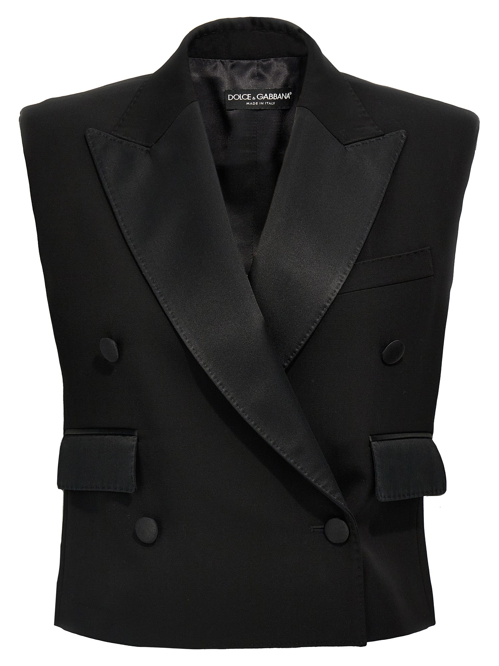 Veste sans manches en soie noire de Dolce & Gabbana, élégante et raffinée, portée sur un mannequin.