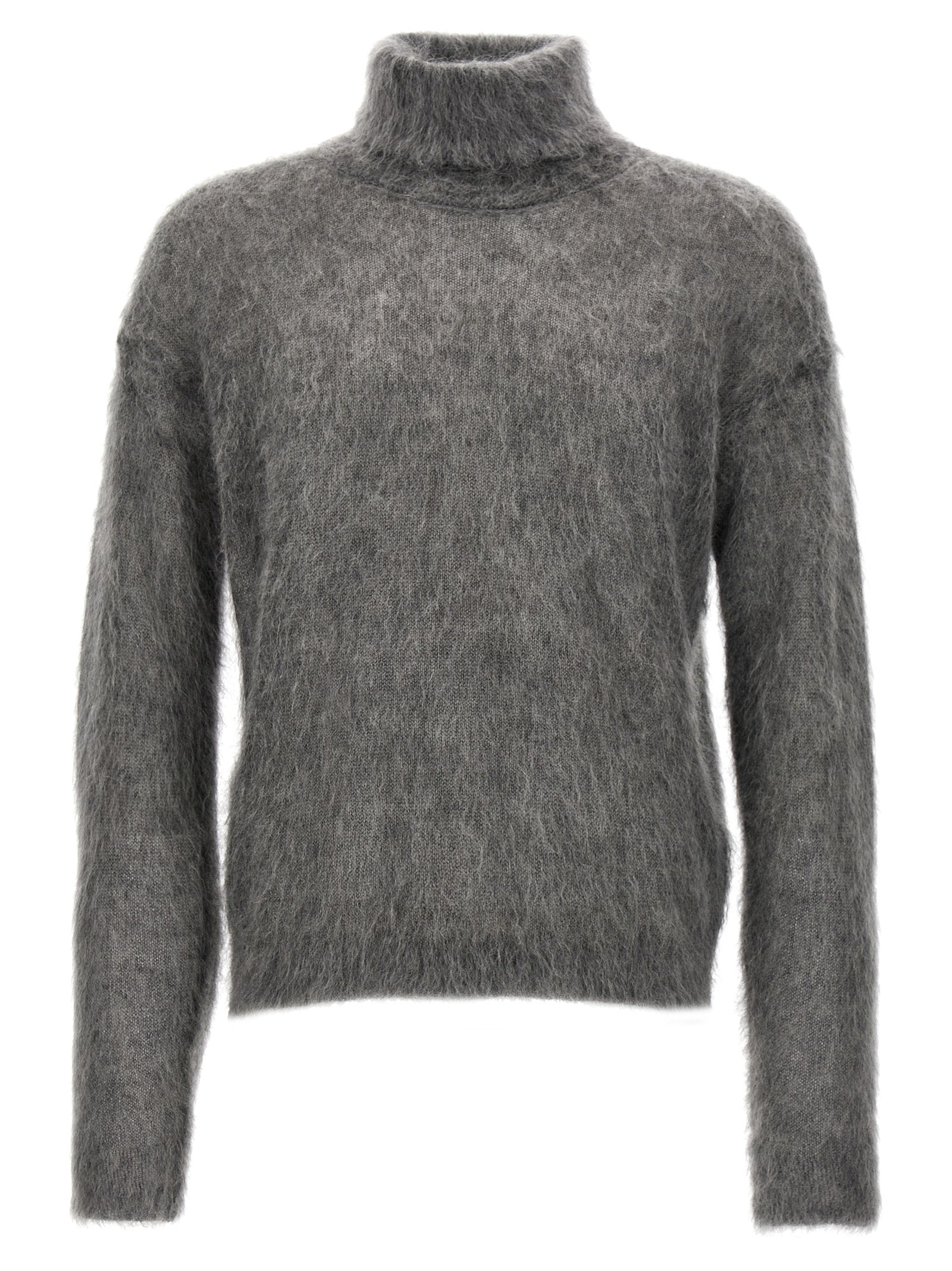 Cardigan en laine grise Saint Laurent porté, détails en tricot fin, col en V, style élégant et moderne.