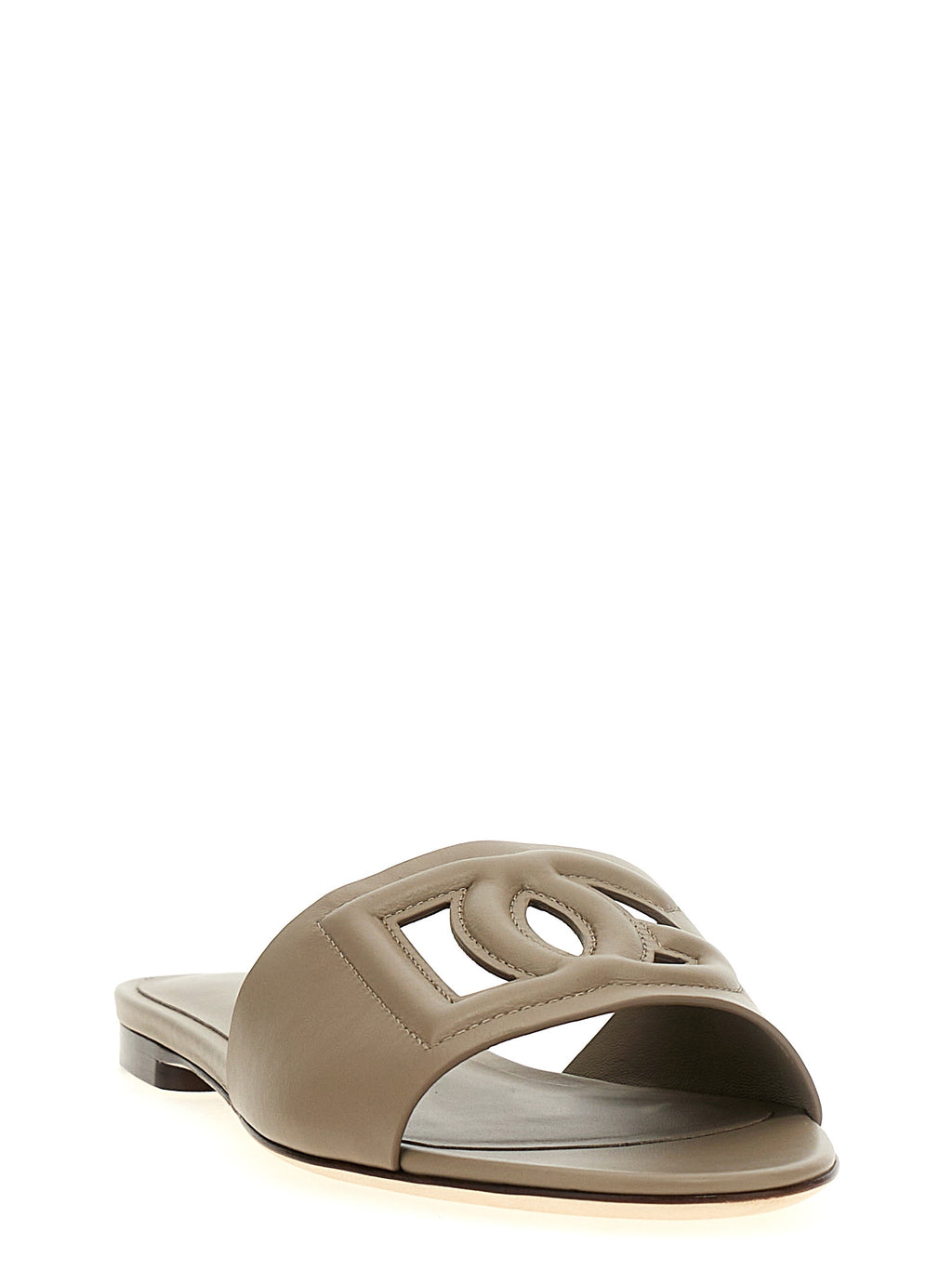 Sandales Dolce & Gabbana en cuir de veau gris, modèle slides élégantes avec design épuré et confort visible.