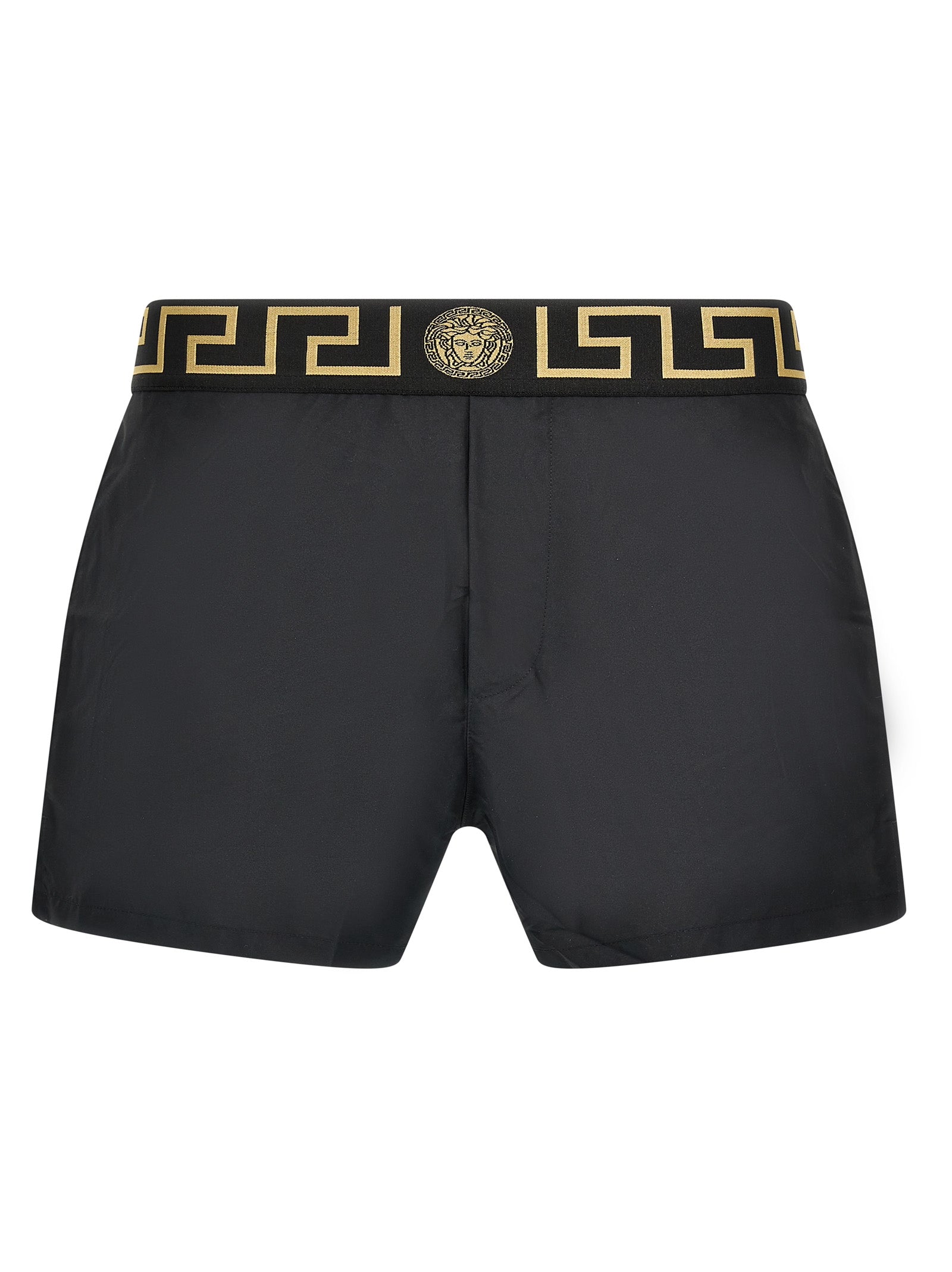 Shorts de bain en polyester multicolores Versace avec logo, design élégant et coloré, parfait pour la plage ou la piscine.