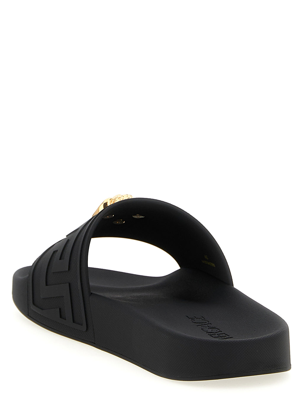 Sandales noires en verre de Versace avec logo emblématique, conçues pour un style élégant et sophistiqué.