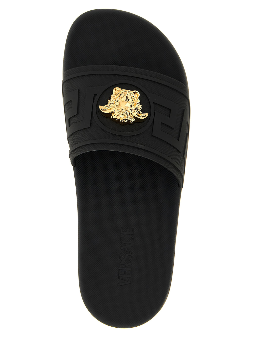 Sandales en verre noir Versace, style slide avec logo Versace visible, idéale pour un look élégant et moderne.