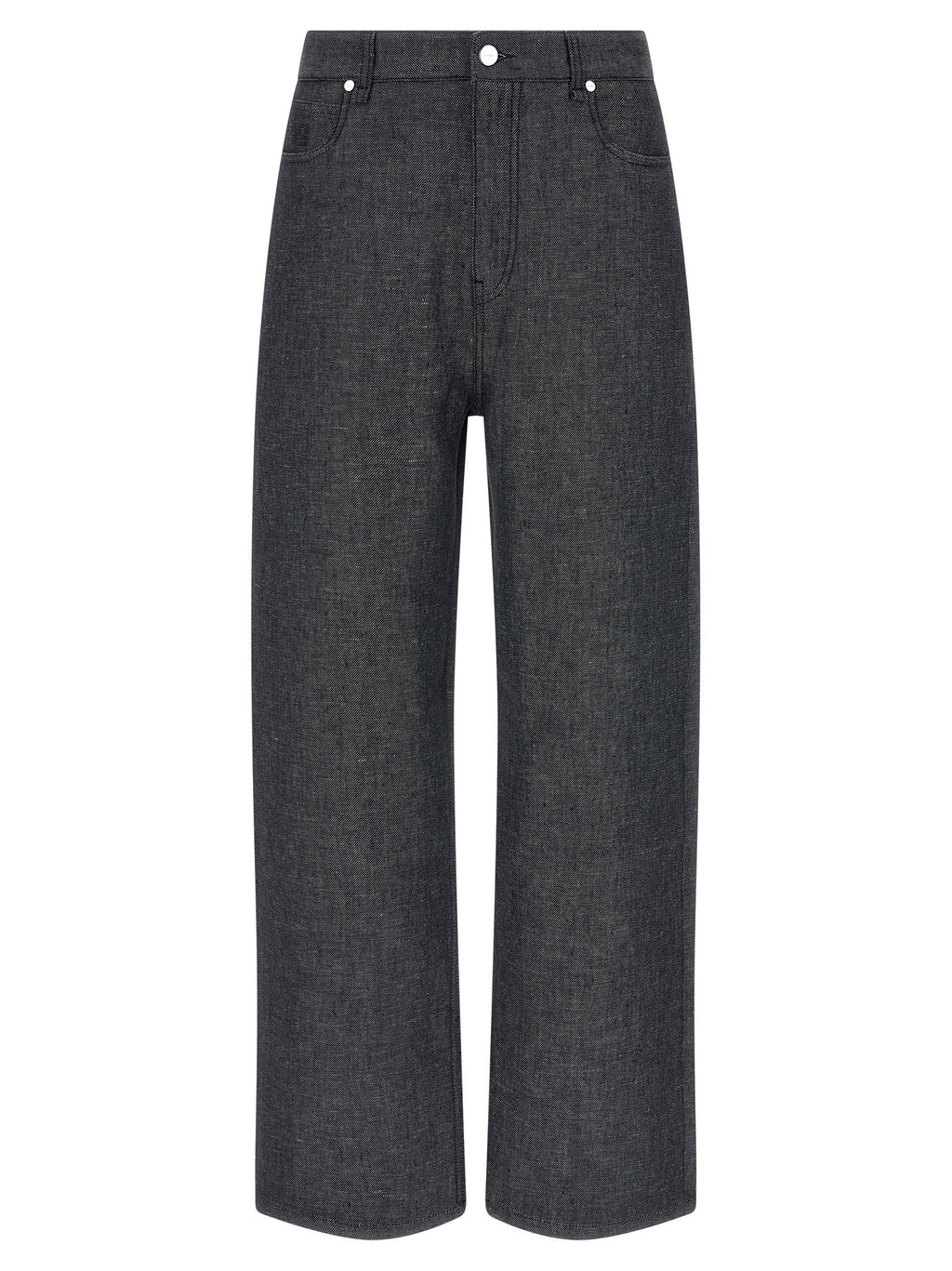 Jeans Fendi en lin gris à jambes droites, détail de coupe élégante et tissu léger, porté sur un mannequin.