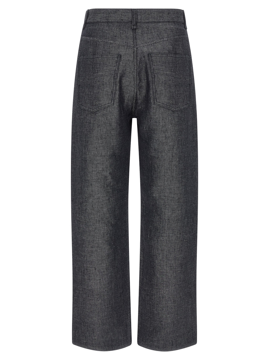 Jeans Fendi en lin gris à jambes droites, coupe classique, finition soignée, porté avec une ceinture beige.