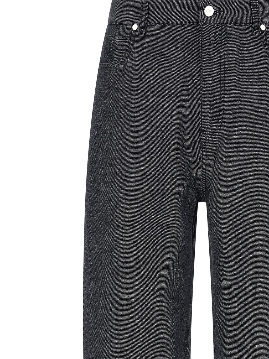 Jeans droits en lin gris de Fendi, style élégant, visible avec fermeture éclair et poches arrière, tissu léger et confortable.