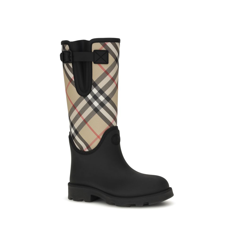 Bottes de pluie en caoutchouc noir Burberry, imperméables avec logo emblématique, pour femme ou homme.