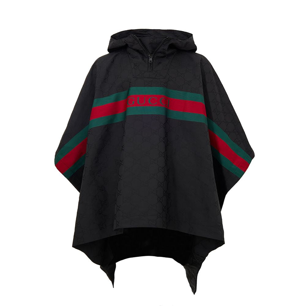 Manteau trench en polyester noir Gucci, vue de face, avec détails élégants et coupe classique.