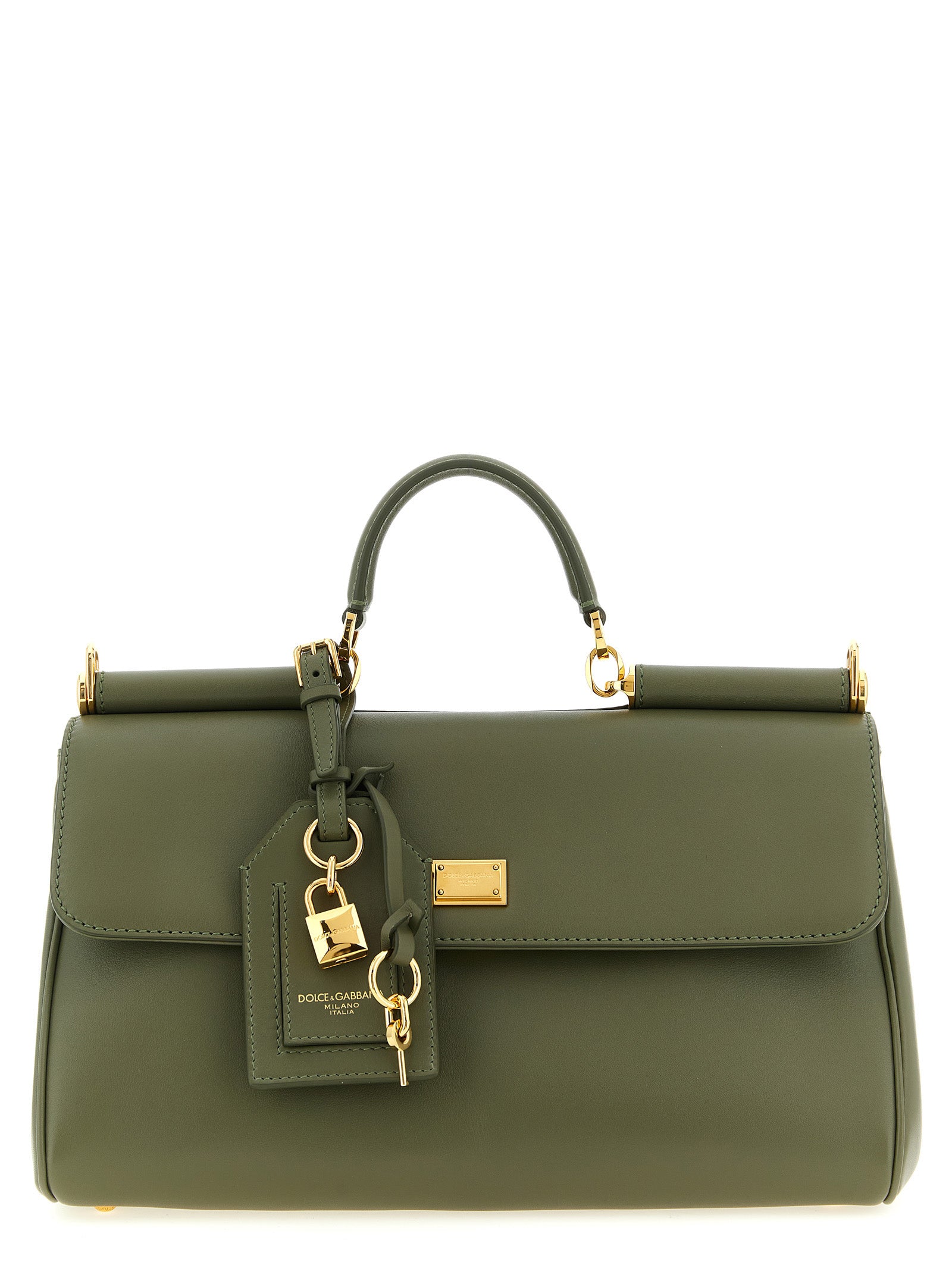 Sac à main Dolce & Gabbana en cuir de veau bicolore, avec poignée élégante et détails sophistiqués.