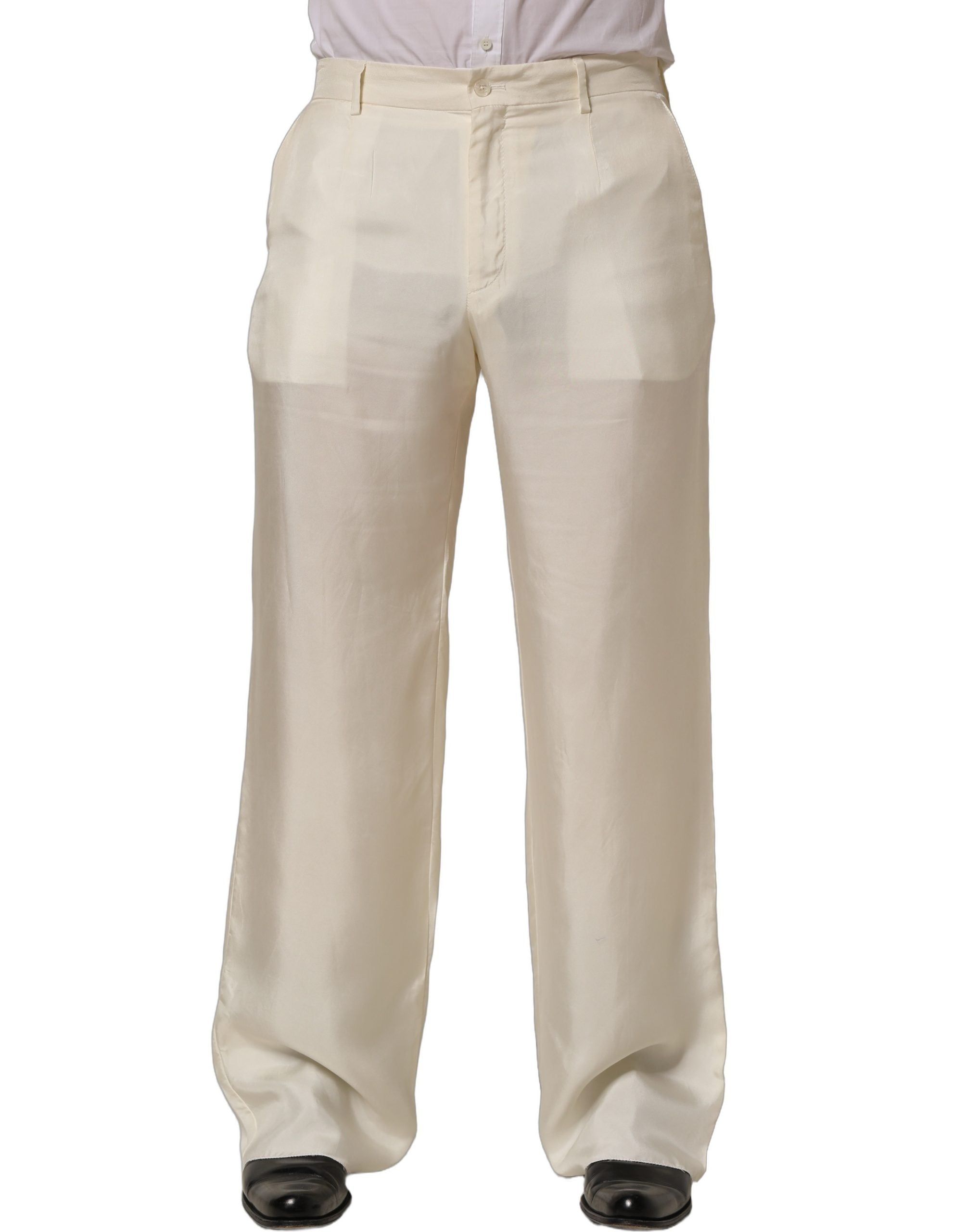 Pantalon en soie blanche Dolce & Gabbana, pantalon large droit à jambes droites, style élégant et sophistiqué.