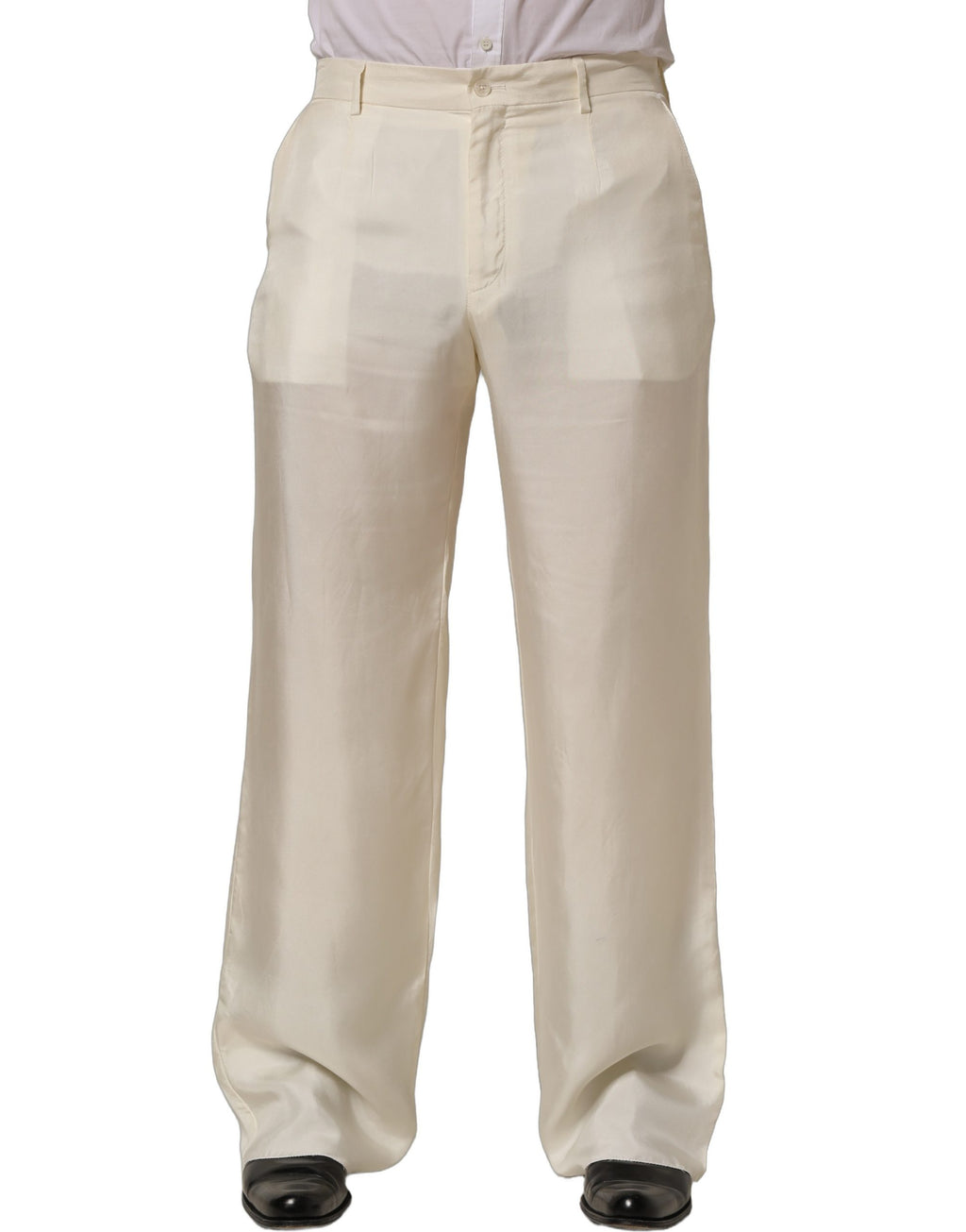 Pantalons Dolce & Gabbana en soie blanche, coupe droite et ample, pantalon large pour femme, style élégant et sophistiqué.