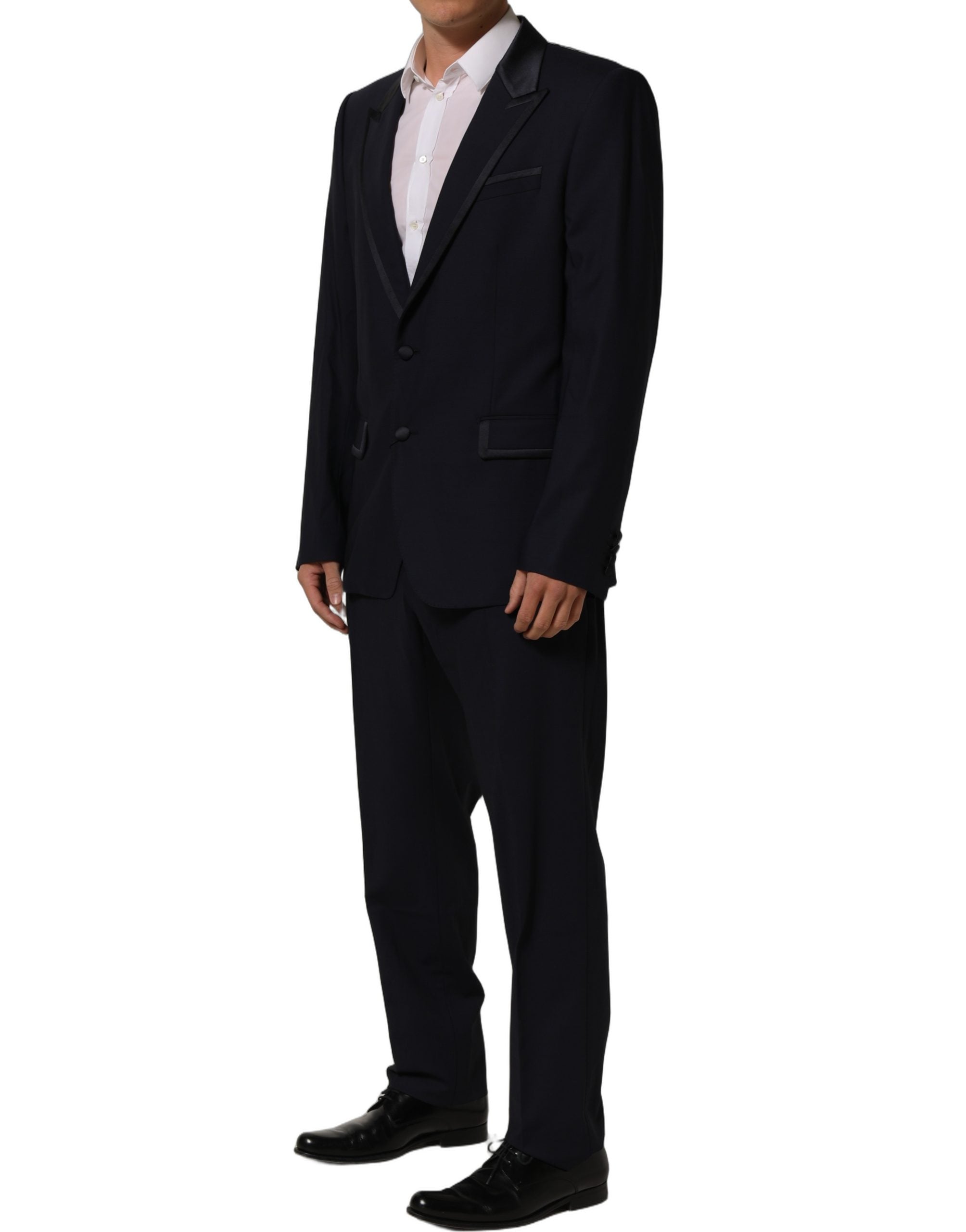 Costume homme Dolce & Gabbana bleu foncé à double boutonnage, costume deux pièces élégant et classique.