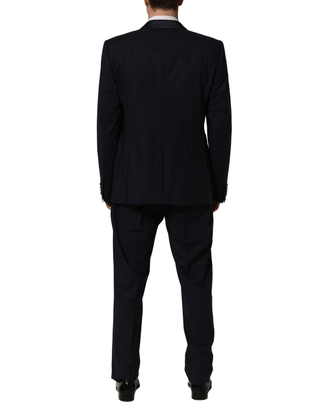 Costume homme bleu foncé Dolce & Gabbana à deux pièces, veste à double boutonnage et pantalon assorti, élégance masculine.