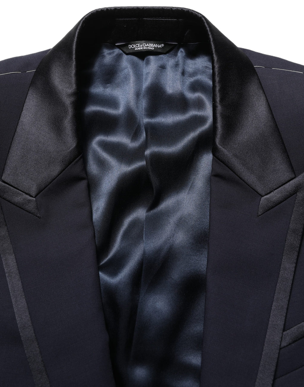 Costume homme Dolce & Gabbana bleu foncé à deux boutons, costume à un bouton, style classique et élégant.