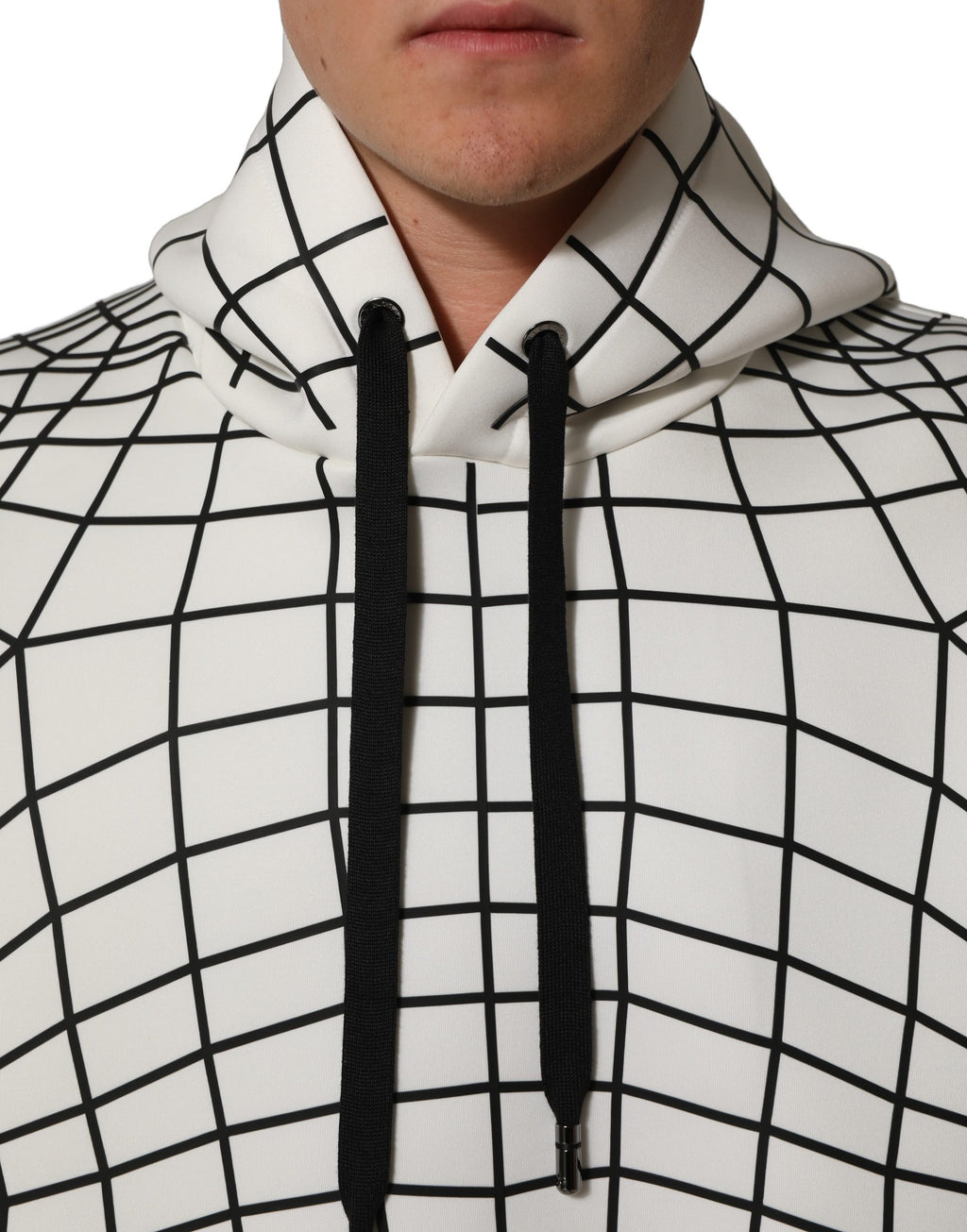 Sweat à capuche Dolce & Gabbana en blanc et noir avec motif WarpGrid, coupe décontractée, tissu doux et tendance.