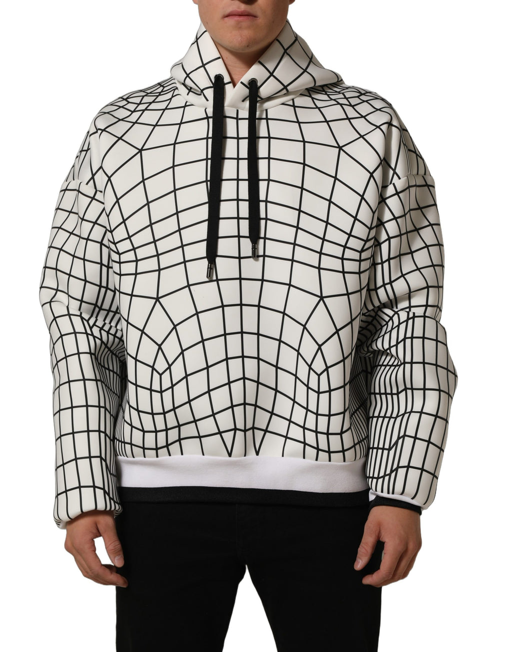Sweat à capuche Dolce & Gabbana en blanc et noir avec motif WarpGrid, tissu doux et coupe décontractée.