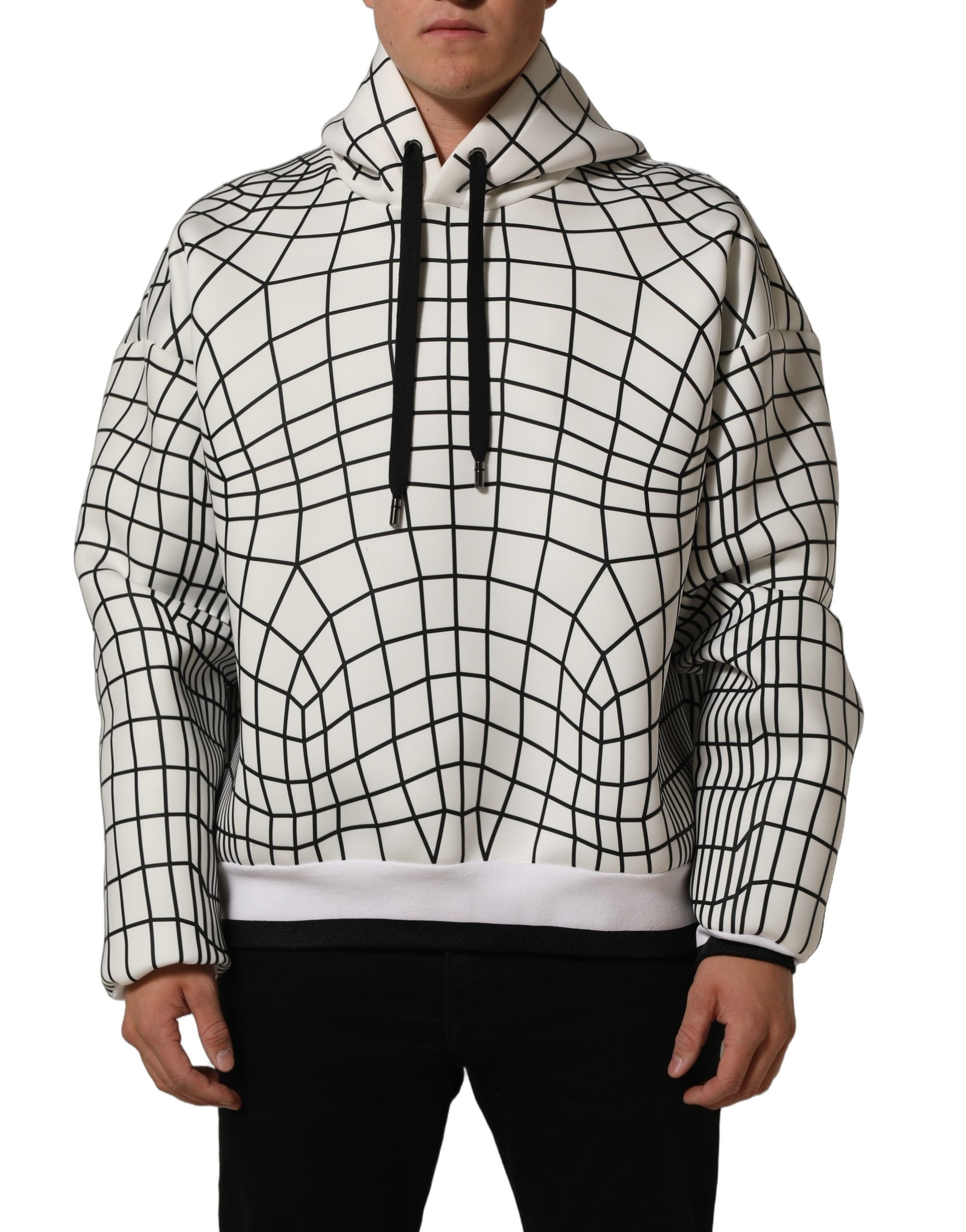 Sweat à capuche Dolce & Gabbana en blanc et noir avec motif WarpGrid, tissu doux et coupe décontractée.