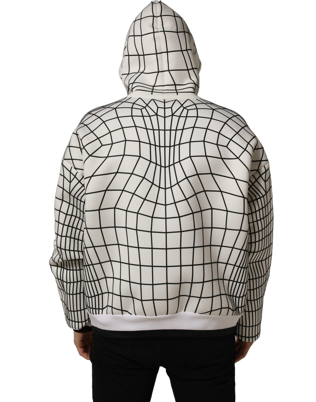 Sweat à capuche Dolce & Gabbana blanc et noir avec motif WarpGrid, pull tendance en coton avec design moderne.