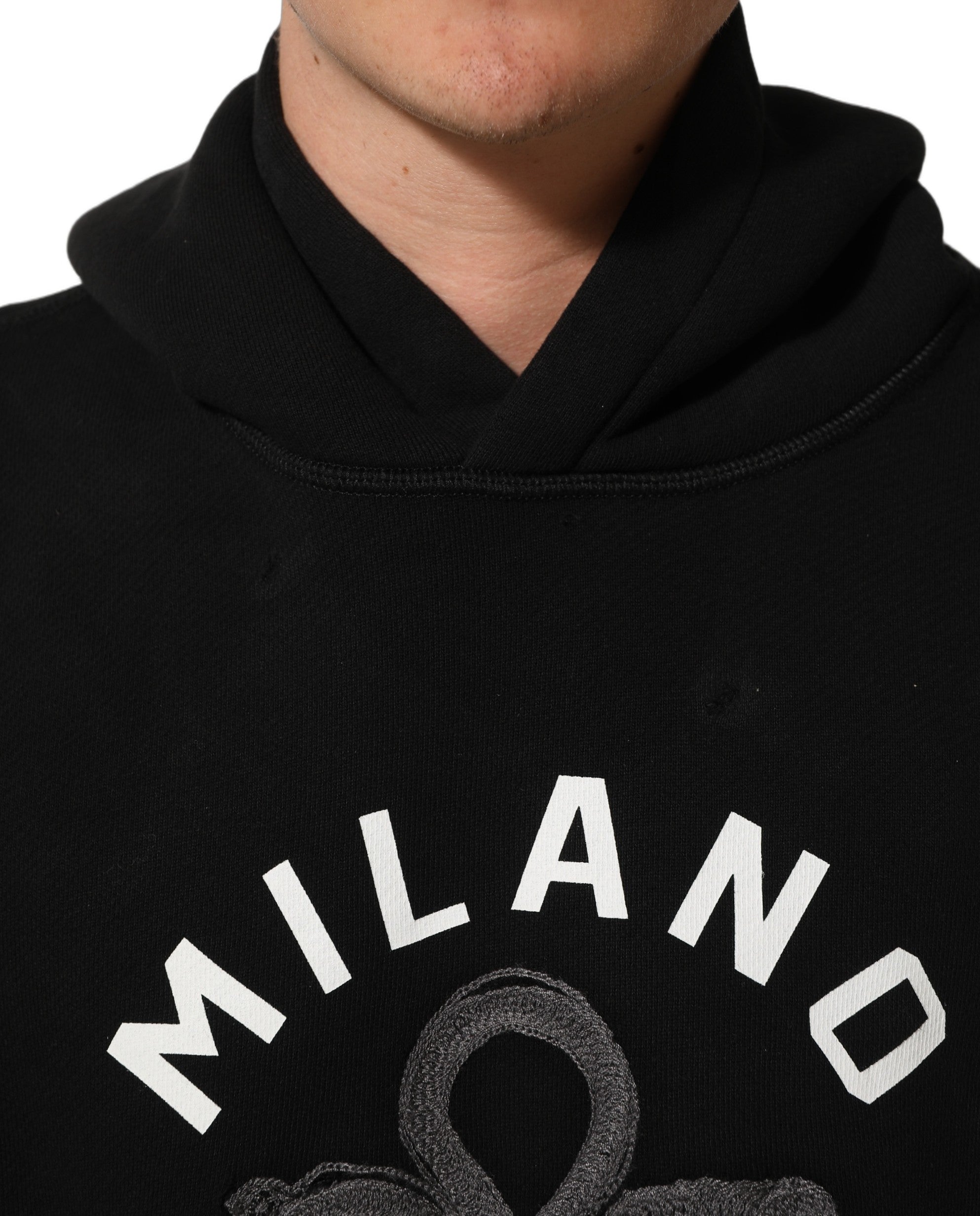 Sweat à capuche noir Dolce & Gabbana en coton avec imprimé Milano 1984, style décontracté et moderne.