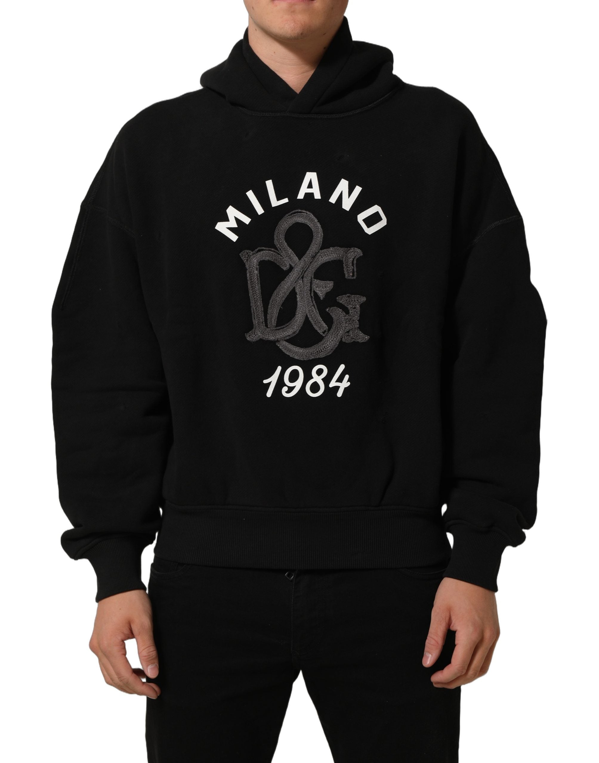 Sweatshirt Dolce & Gabbana en coton noir avec impression Milano 1984, hoodie décontracté et stylé, vue de face.