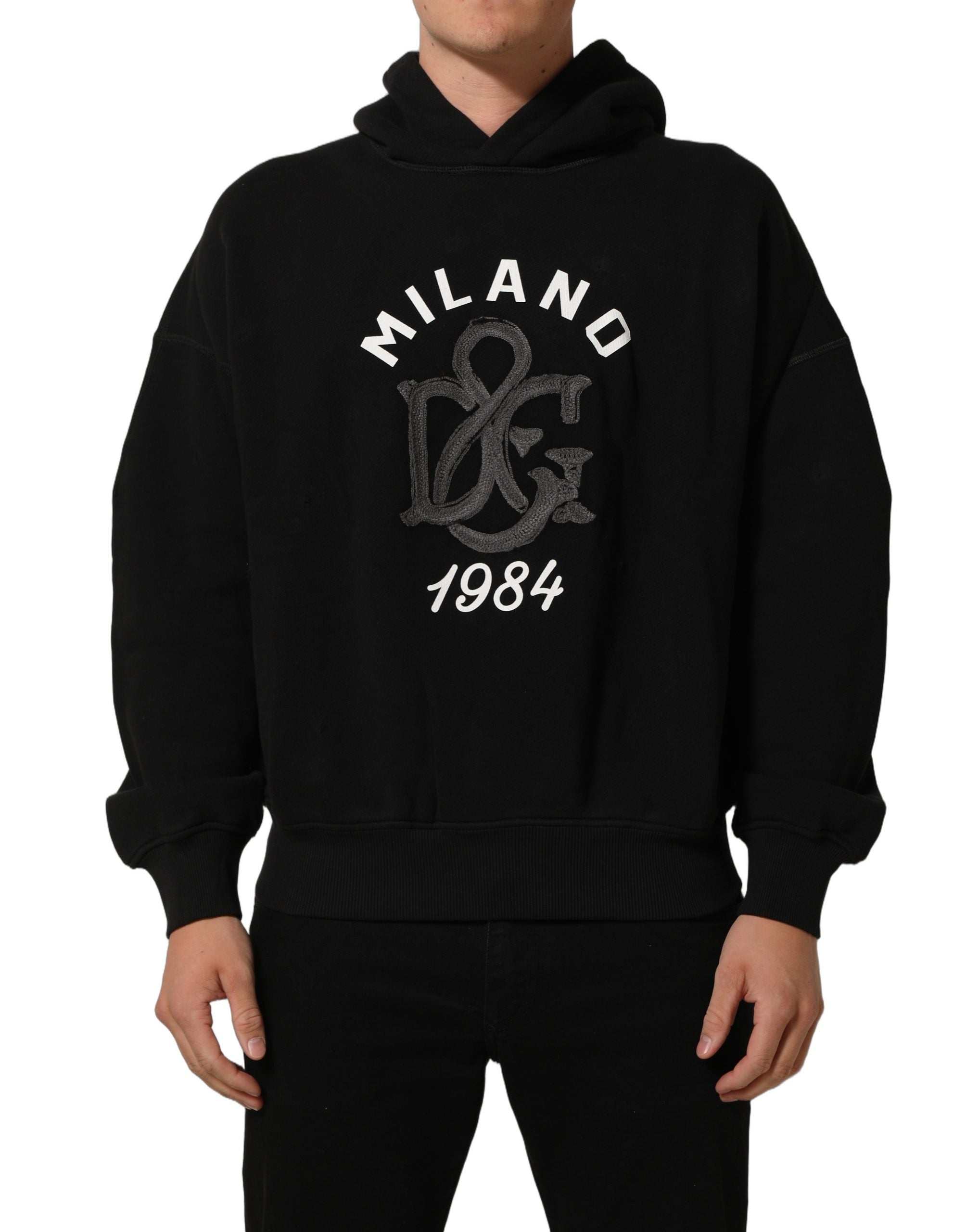 Sweat à capuche en coton noir Dolce & Gabbana avec imprimé Milano 1984, style décontracté et moderne.