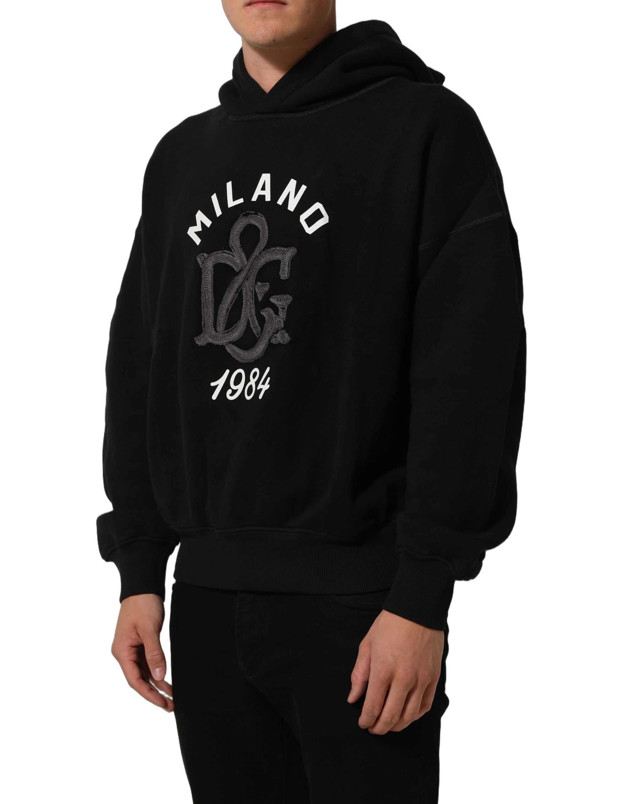 Sweat à capuche en coton noir Dolce & Gabbana Milano1984 avec impression, vêtement décontracté et moderne.