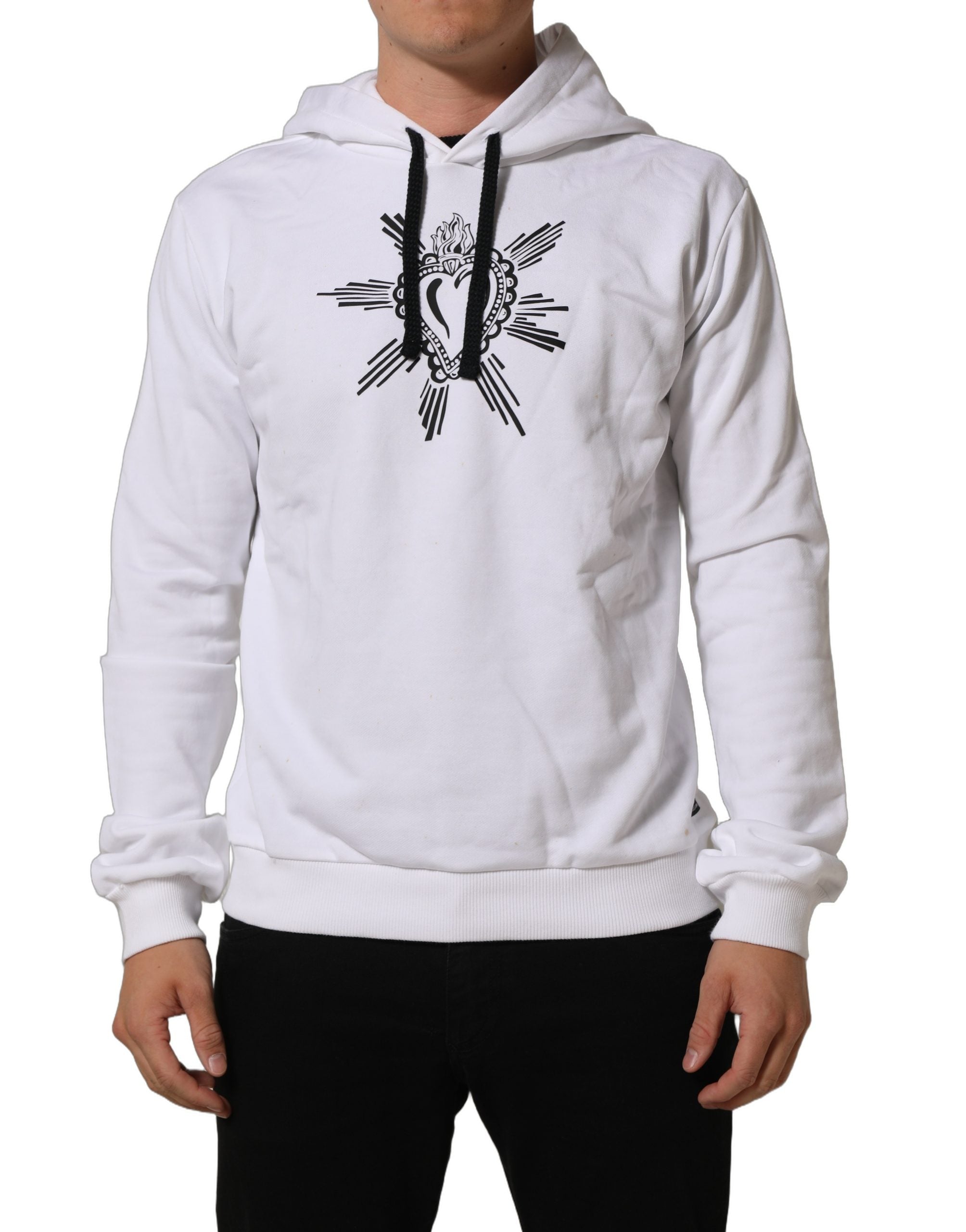 Sweat à capuche blanc Dolce & Gabbana Sacred Heart avec motif du cœur sacré, en coton doux, porté sur un modèle.