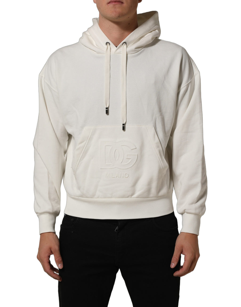 Sweat à capuche blanc Dolce & Gabbana avec logo, vue du devant, en tissu doux et confortable, style décontracté.