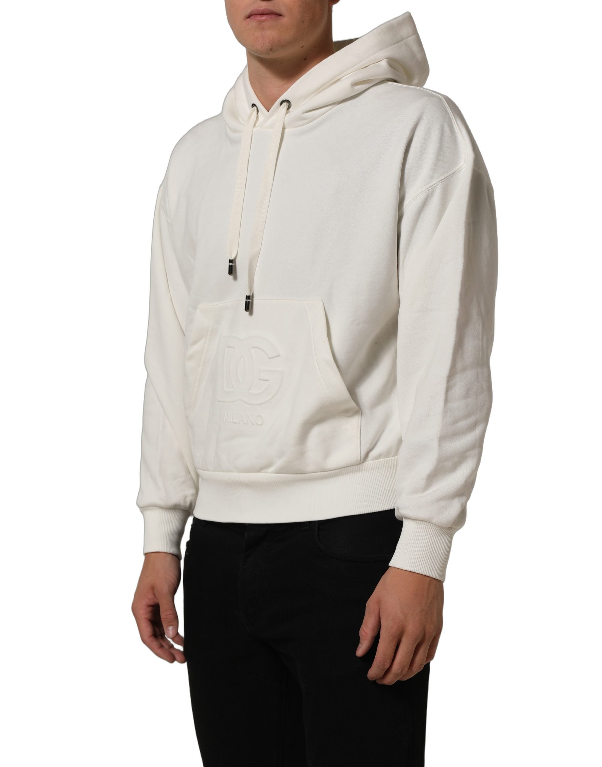 Sweat à capuche blanc Dolce & Gabbana avec logo, pull léger en coton, vue de face sur fond neutre.