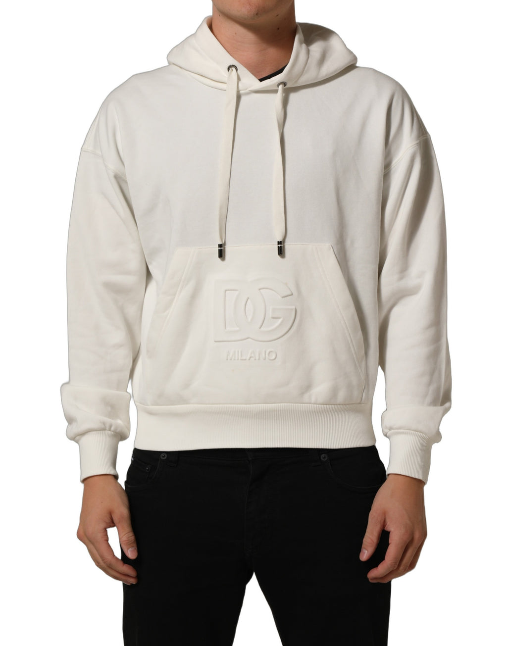Sweat à capuche blanc Dolce & Gabbana avec logo, pull-over en coton, style décontracté et moderne.