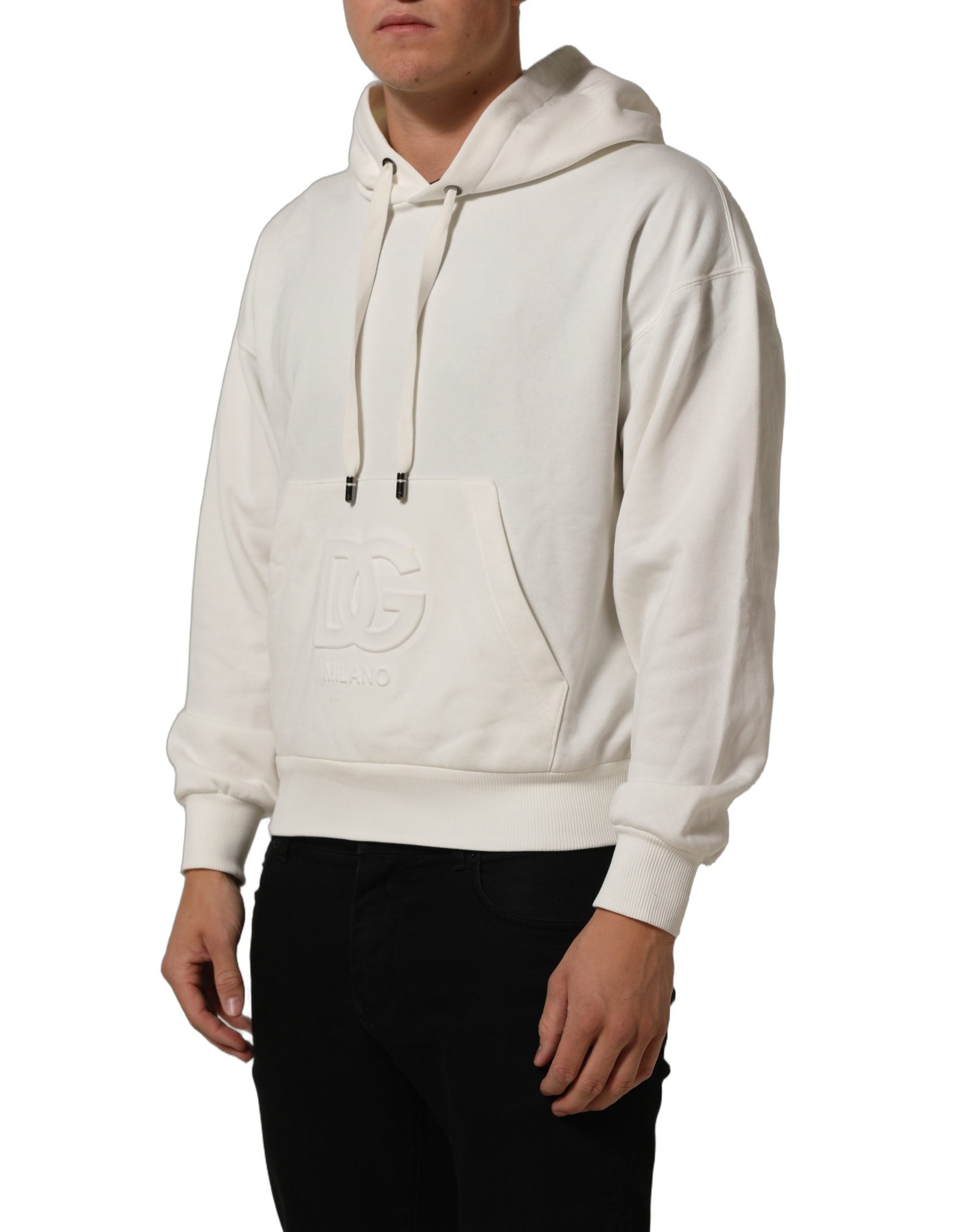 Sweat à capuche blanc Dolce & Gabbana logo, pull-over en polyester avec capuche, style décontracté et moderne.