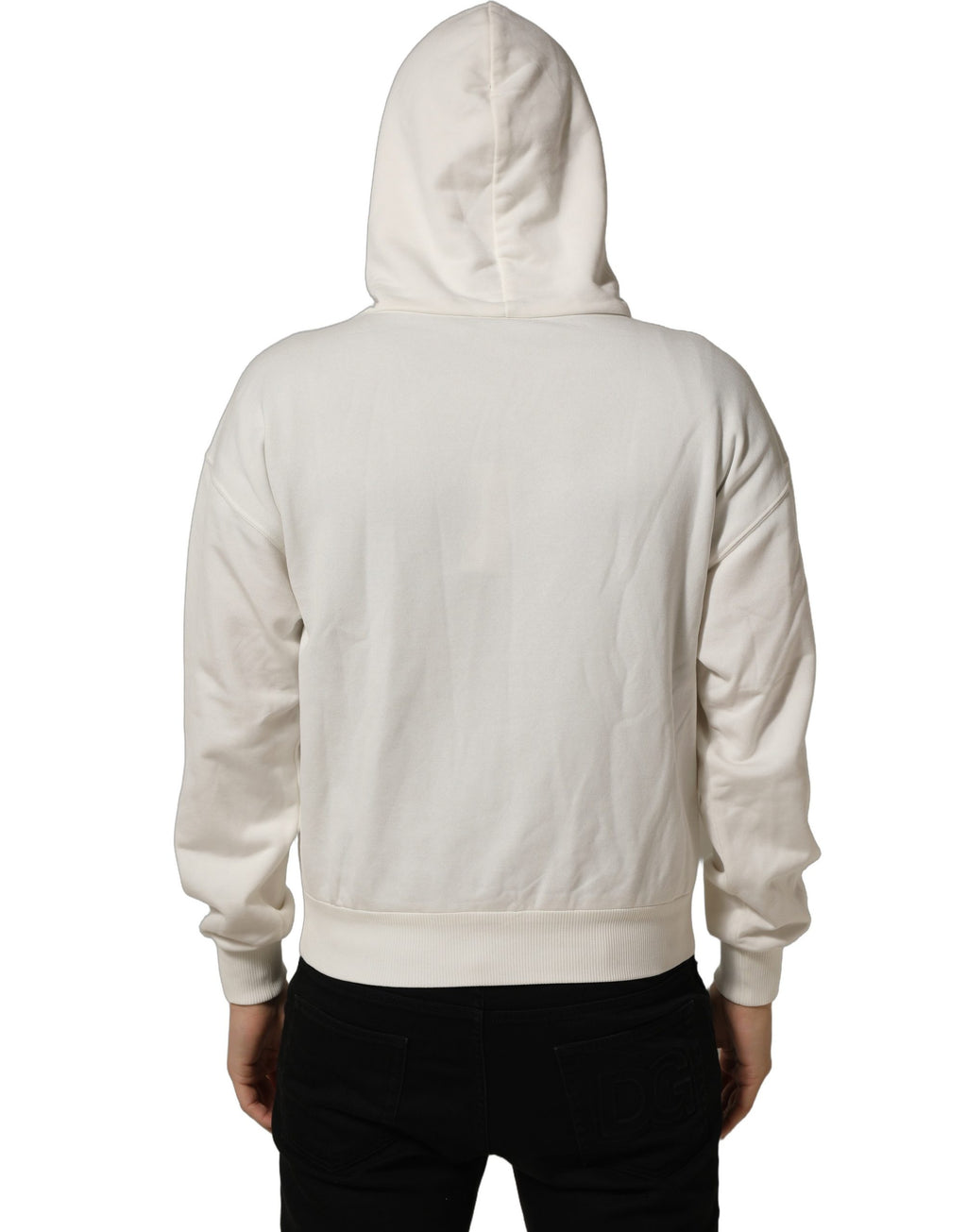 Sweat à capuche blanc Dolce & Gabbana avec logo, en coton doux, porté sur un mannequin, vue de face.