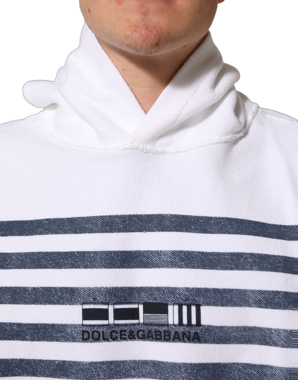 Sweat à capuche Dolce & Gabbana blanc et bleu à rayures, pull-over décontracté avec capuche et manches longues.