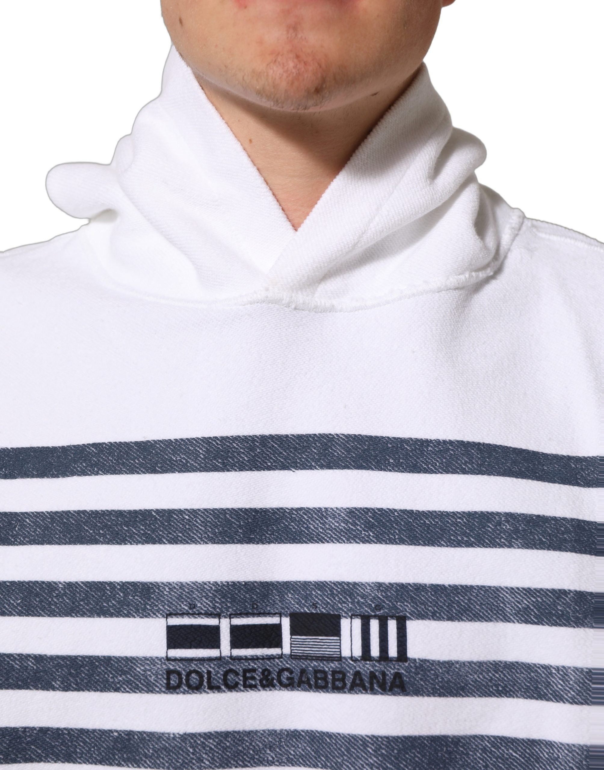 Sweat à capuche Dolce & Gabbana blanc et bleu à rayures, pull-over décontracté avec capuche et manches longues.