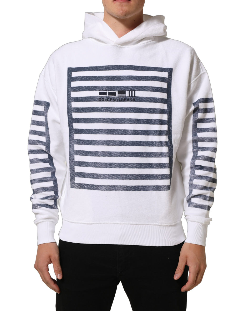 Sweat à capuche Dolce & Gabbana blanc et bleu à rayures, pull-over décontracté avec capuche et manches longues.