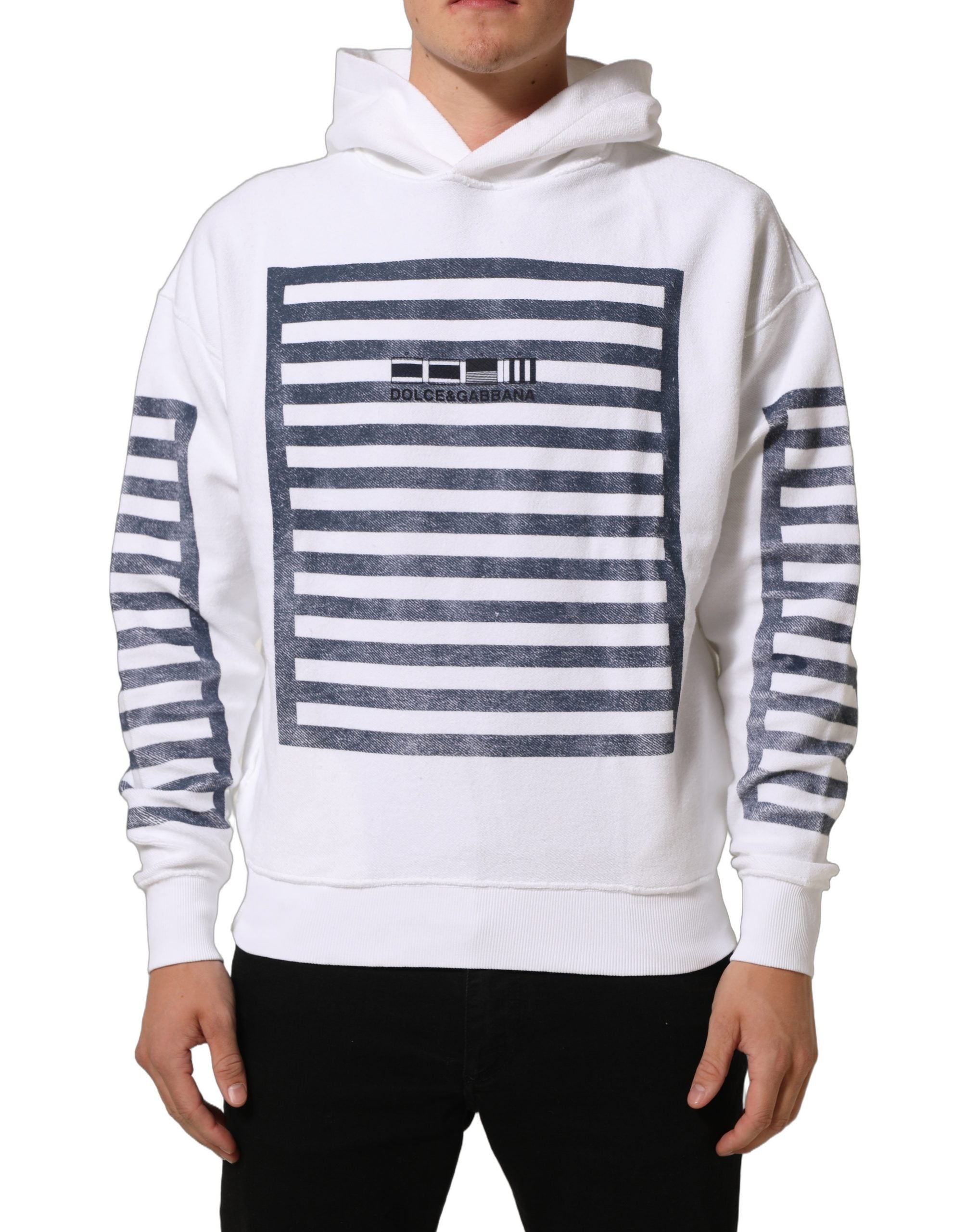 Sweat à capuche Dolce & Gabbana blanc et bleu à rayures, pull-over décontracté avec capuche et manches longues.