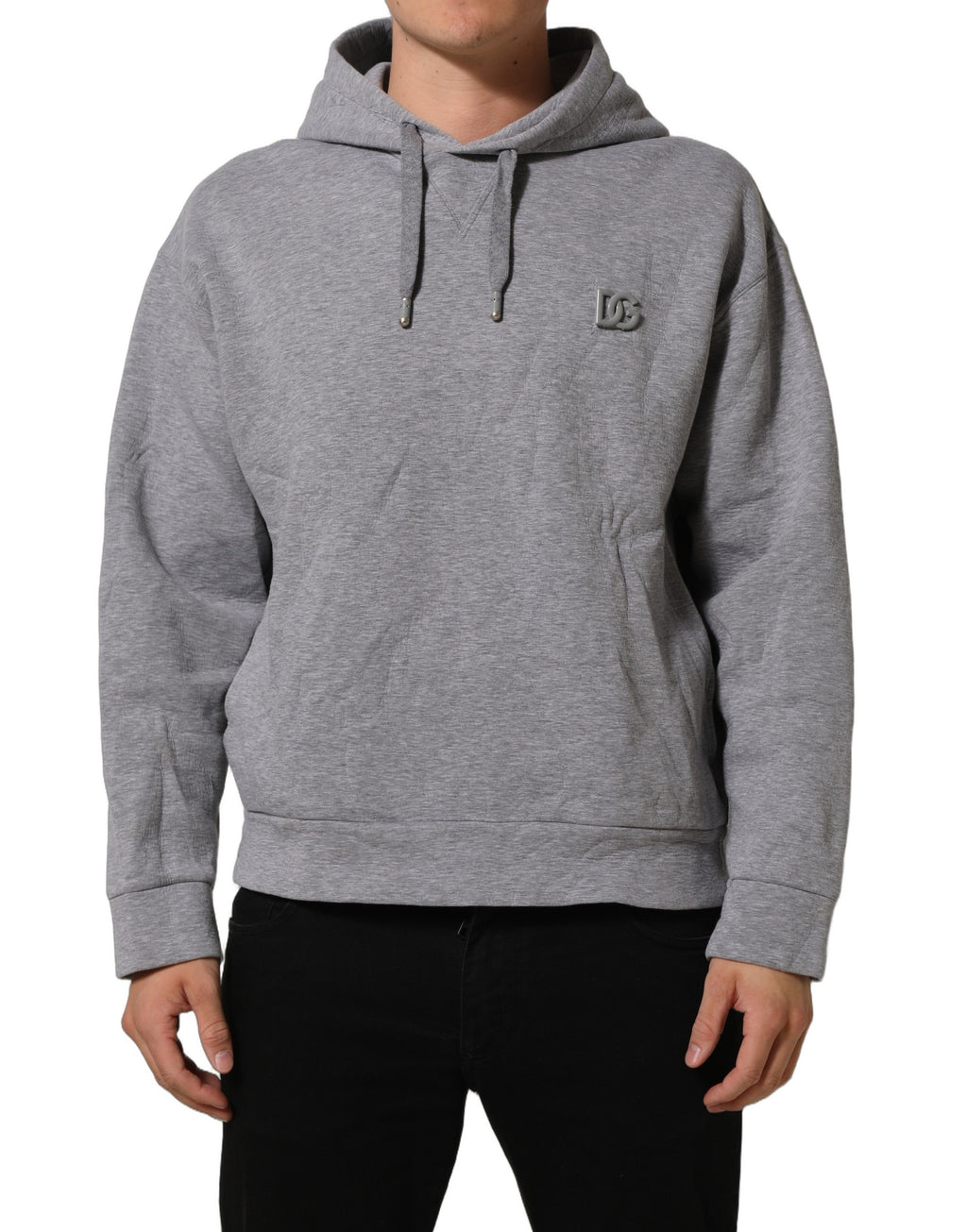 Sweat à capuche gris Dolce & Gabbana en coton avec logo, vue de face, mode décontractée et style élégant.