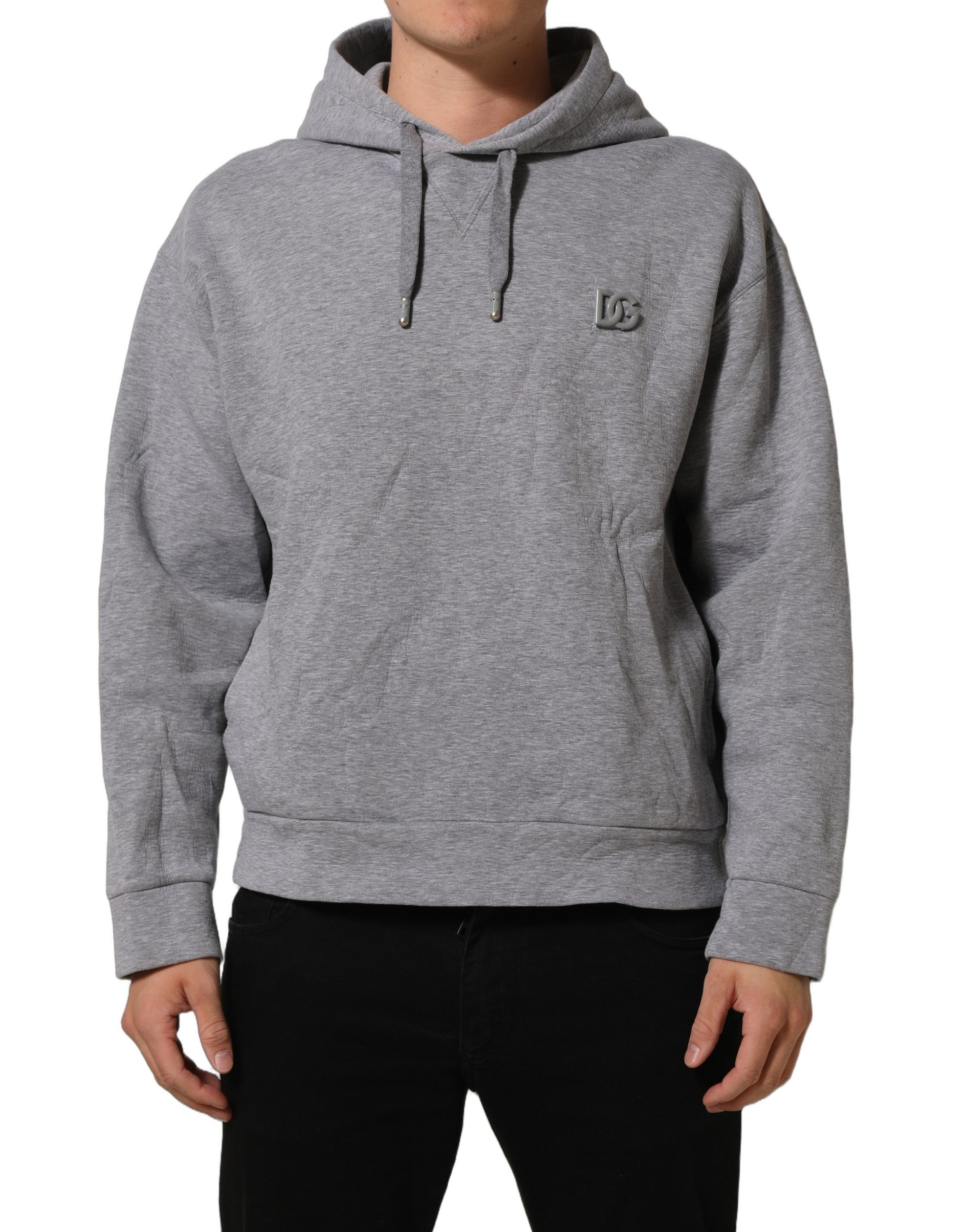 Sweat à capuche gris Dolce & Gabbana en coton avec logo, vue de face, mode décontractée et style élégant.