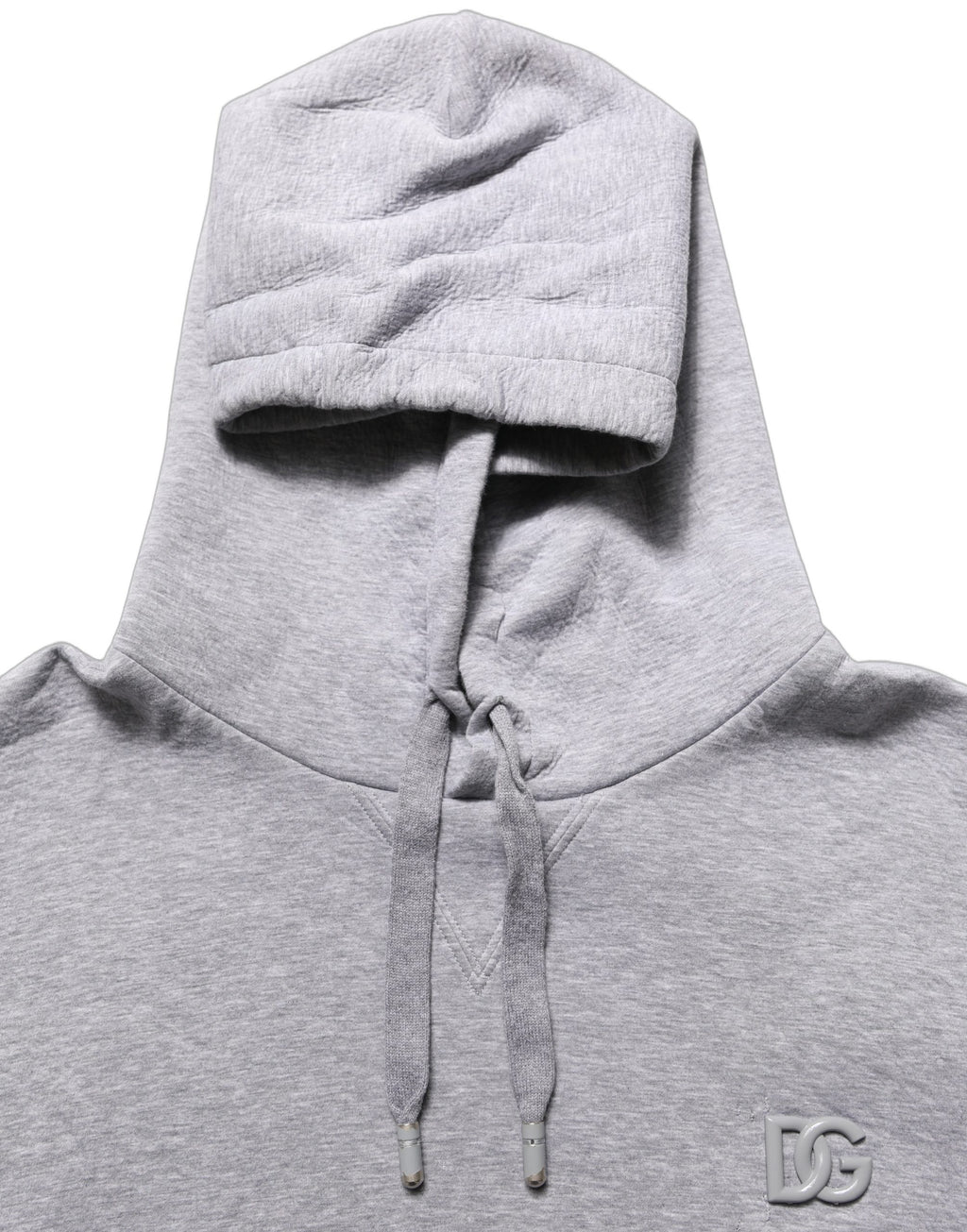 Sweat à capuche gris en coton Dolce & Gabbana avec logo, porté sur mannequin, vue de face.