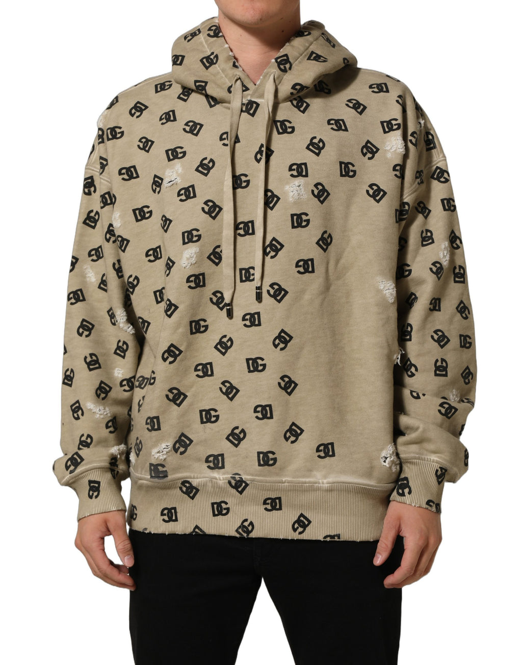 Sweat à capuche Dolce & Gabbana en coton marron avec logo, vue de face, tissu doux et ajustement décontracté.
