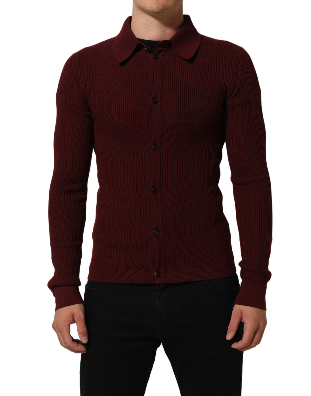 Cardigan en laine bordeaux Dolce & Gabbana à boutons, sweater chaud et élégant pour femmes.
