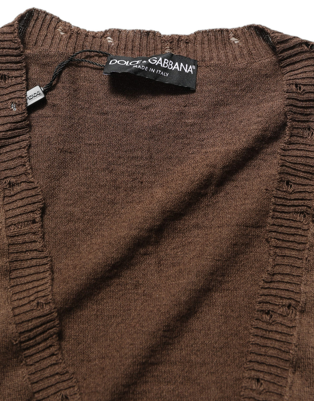 Pull à enfiler marron en lin avec boutons et col en V de Dolce & Gabbana, veste élégante en laine naturelle.