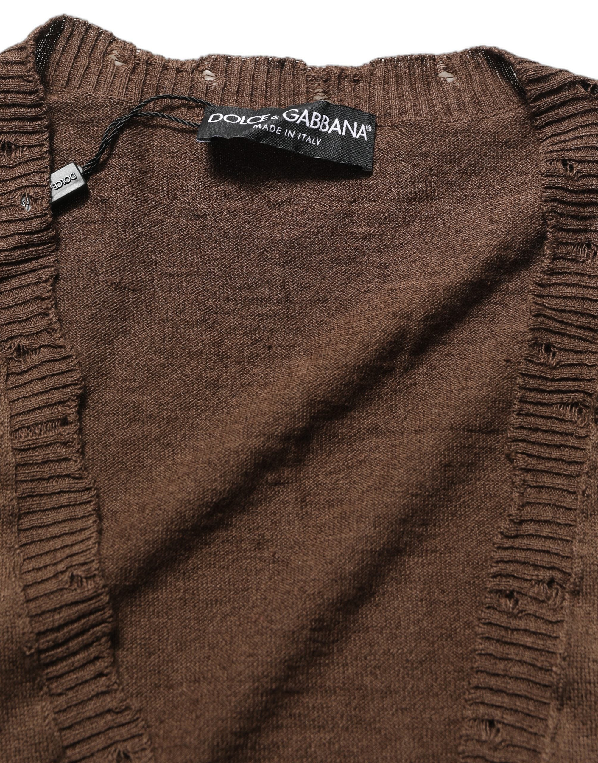 Pull à enfiler marron en lin avec boutons et col en V de Dolce & Gabbana, veste élégante en laine naturelle.