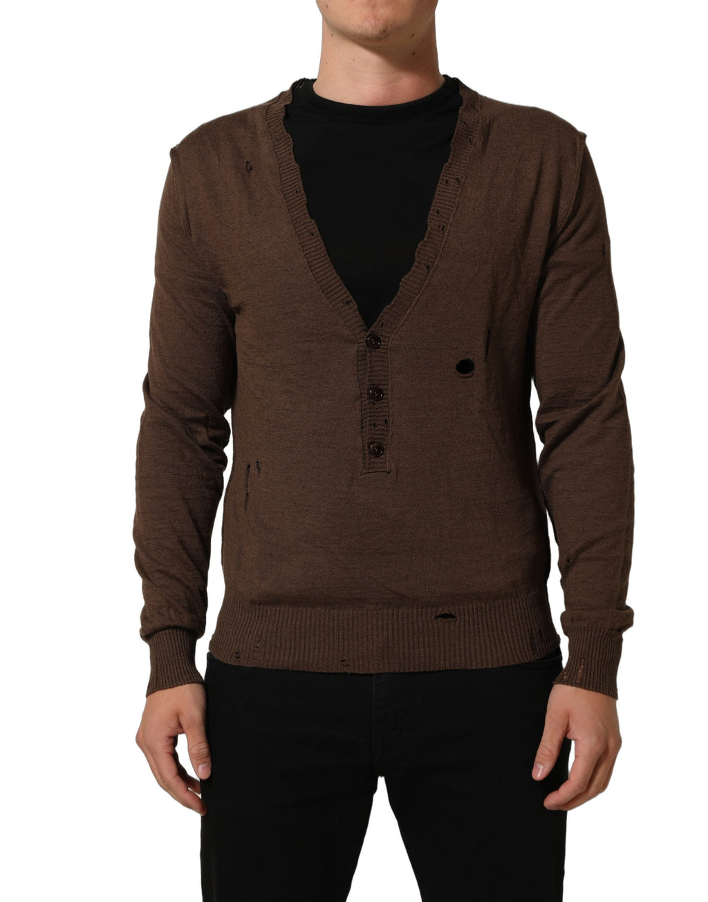 Pull à manches longues Dolce & Gabbana en lin brun avec boutonnières et col en V, style décontracté et élégant.