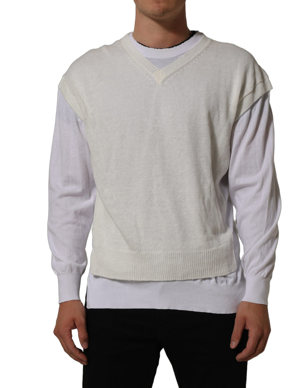 Pull-over blanc à col rond Dolce & Gabbana en lin à manches longues avec superposition élégante.