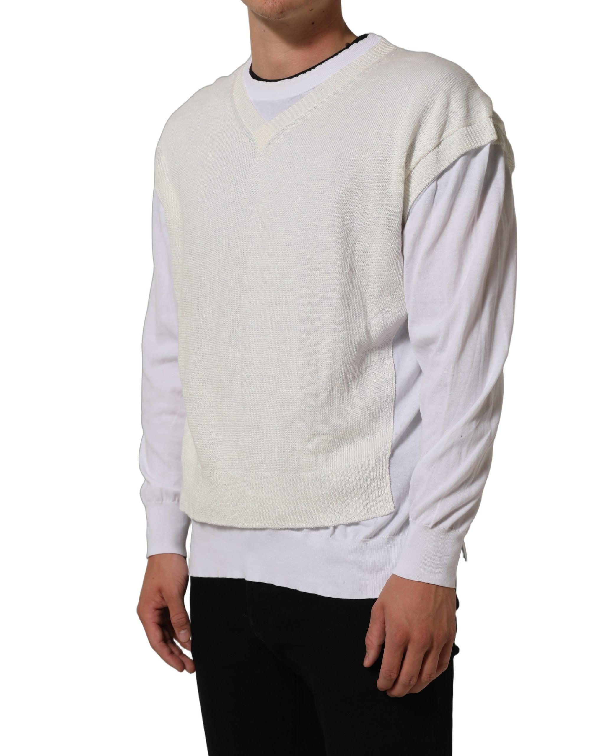 Pull à col rond blanc en lin de Dolce & Gabbana, pull léger avec couches, idéal pour un style décontracté et élégant.