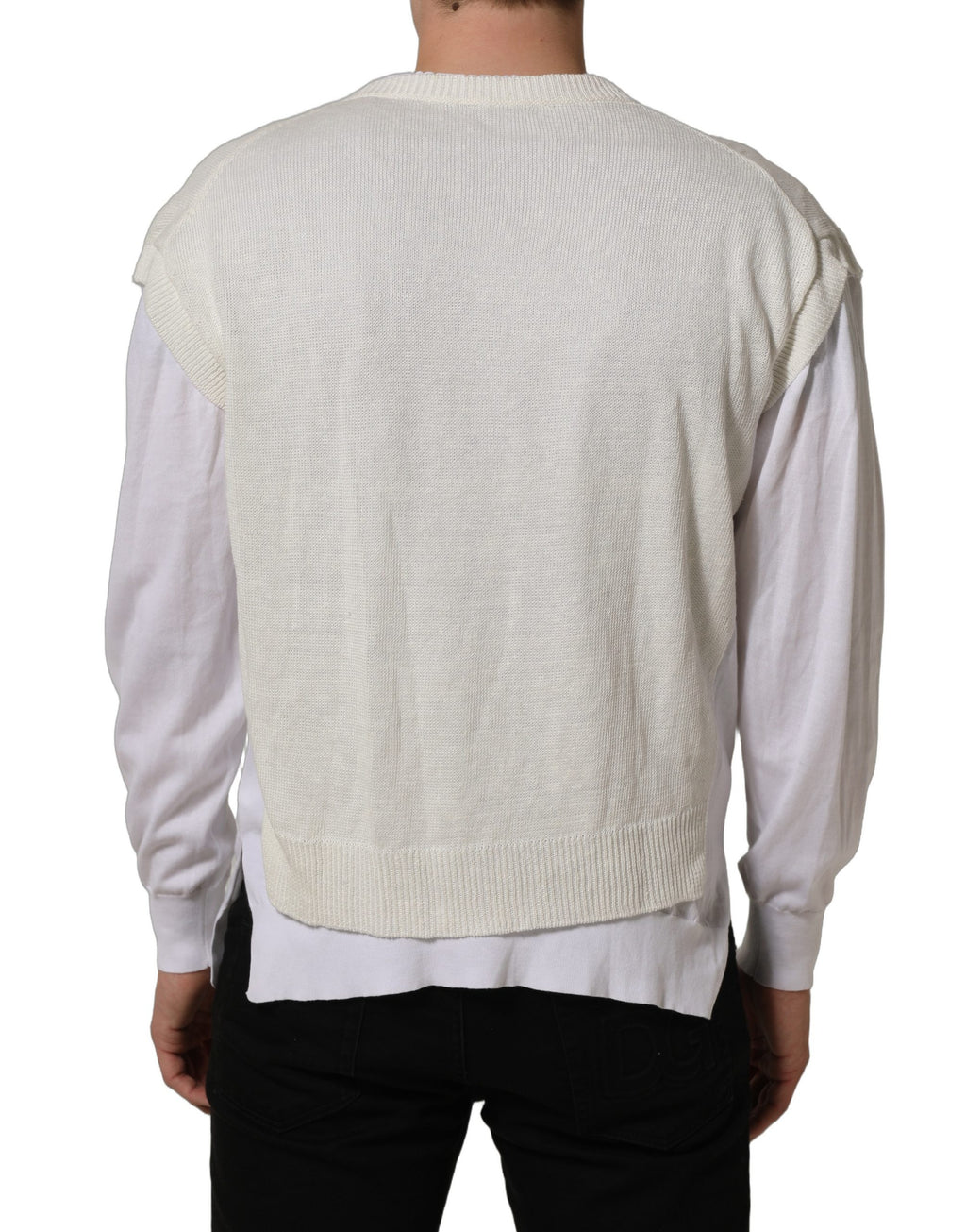Pull-over blanc en lin à col ras du cou et superpositions, Dolce & Gabbana, vue de face avec détails du tissu.