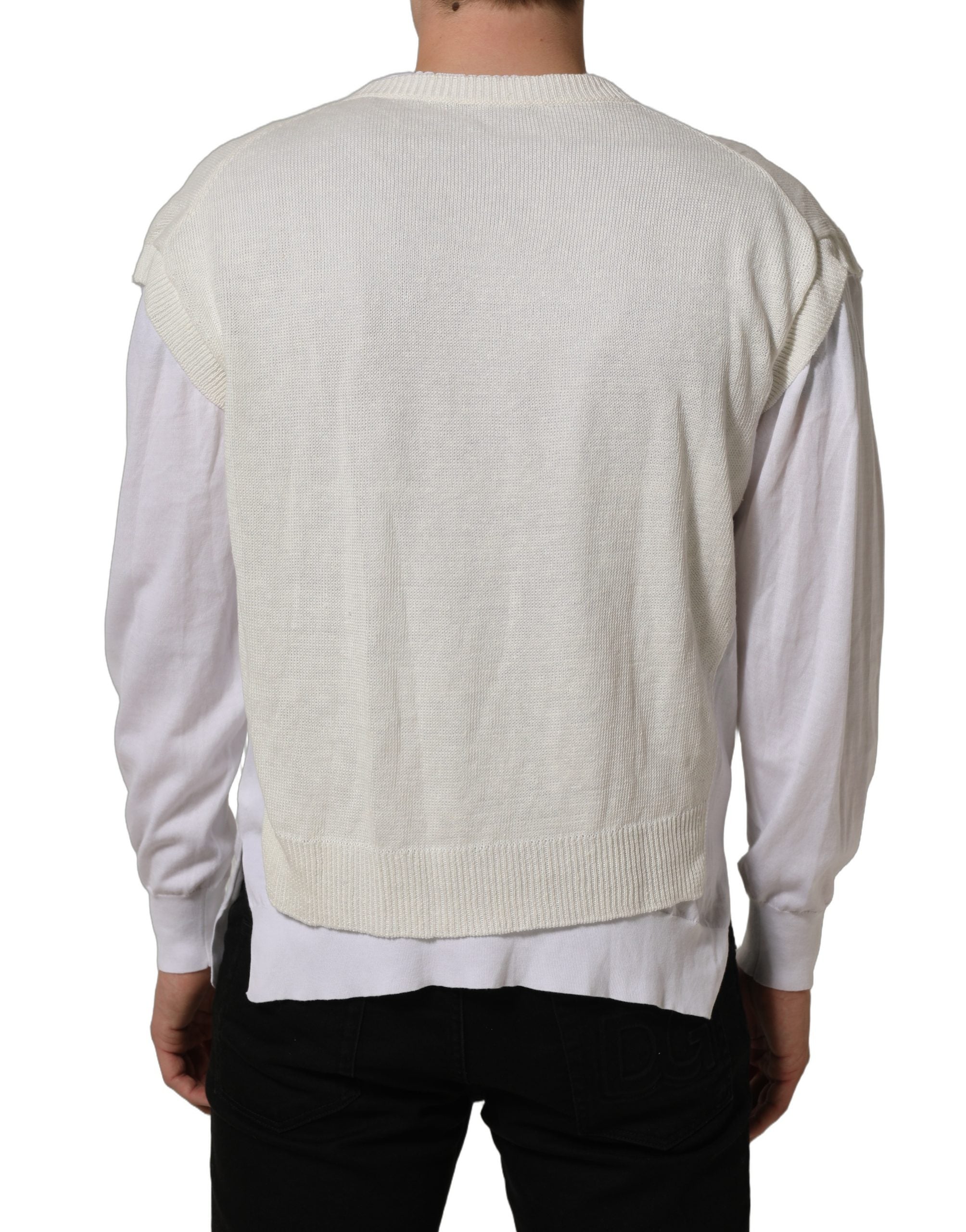 Pull-over blanc en lin à col ras du cou et superpositions, Dolce & Gabbana, vue de face avec détails du tissu.