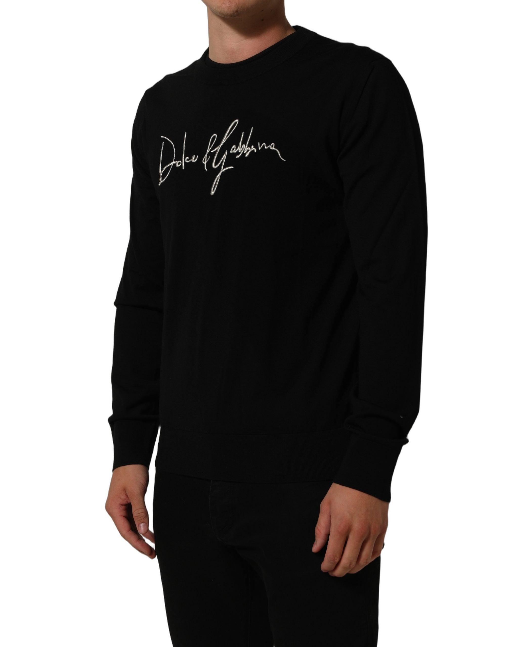 Pull homme Dolce & Gabbana noir à col rond avec broderies, pull en laine élégant et confortable.